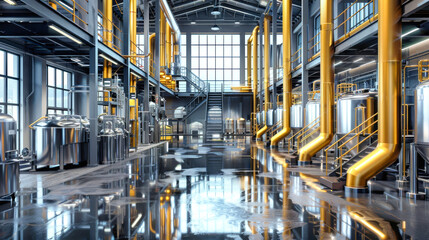 A vibrant industrial area with stainless steel tanks, yellow pipes, and large windows showcases the efficient brewing process in full swing