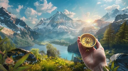 Hand holding a compass with a beautiful mountain landscape in the background, reflecting a sense of adventure and navigation. 