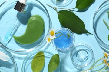 Petri dishes with different fresh leaves, chamomile flowers and cosmetic products on light blue background, flat lay