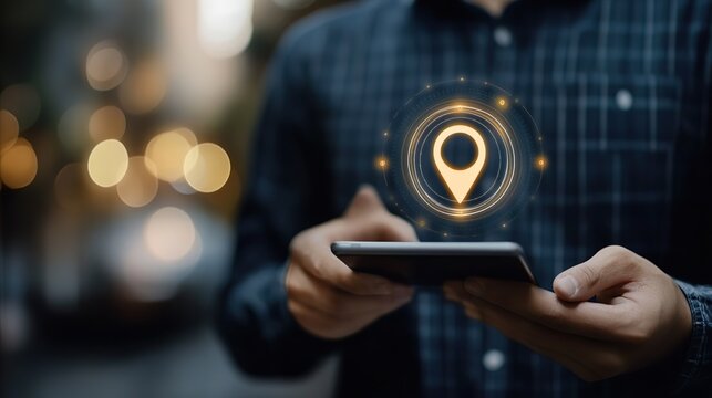 A man is holding a tablet with a map on it