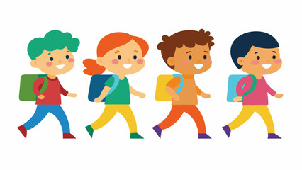 happy little kids going to school color vector art illustration