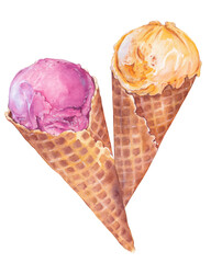 Watercolor pink and orange ice cream cones, food illustration