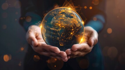 Fototapeta premium Hands holding circular globe of Earth, containing information and data, in luminous 3D model style. 