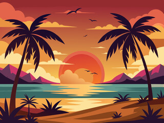 Island sunset landscape. Cartoon silhouette beach scene with palms tree in evening. Panoramic summer season background. Thailand and California horizon Vector concept
