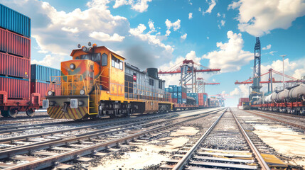Fototapeta premium A freight train transporting containers rests on the berth with a bustling shipyard in the backdrop, illuminated by the bright sun and scattered clouds