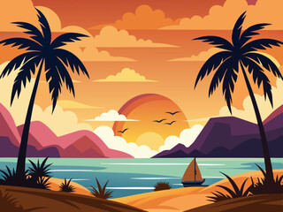 Island sunset landscape. Cartoon silhouette beach scene with palms tree in evening. Panoramic summer season background. Thailand and California horizon Vector concept
