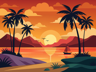 Island sunset landscape. Cartoon silhouette beach scene with palms tree in evening. Panoramic summer season background. Thailand and California horizon Vector concept
