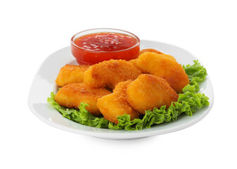 Tasty chicken nuggets with chili sauce and lettuce isolated on white