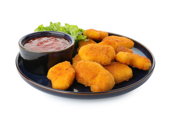 Tasty chicken nuggets with chili sauce and lettuce isolated on white