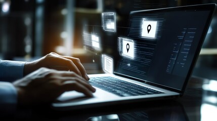 A person is typing on a laptop with a screen displaying a map and other icons