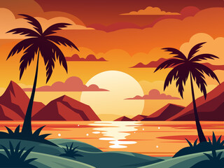Island sunset landscape. Cartoon silhouette beach scene with palms tree in evening. Panoramic summer season background. Thailand and California horizon Vector concept
