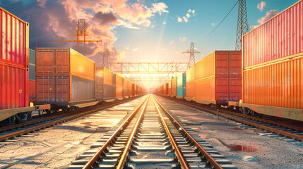 Fototapeta premium A vibrant freight train loaded with containers awaits at the berth, bathed in sunlight against a backdrop of a clear blue sky