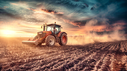 Fototapeta premium A tractor efficiently plows a tranquil field while creating dust clouds against a breathtaking sunset sky