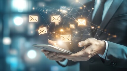 A man is holding a tablet with a screen displaying a network of emails