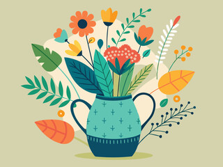 Abstract flower, plant, vase. Floral vase with flowers. Doodle simple leaves, herbs, botanic elements for poster design. Spring nature shape in pots, jugs vector concept

