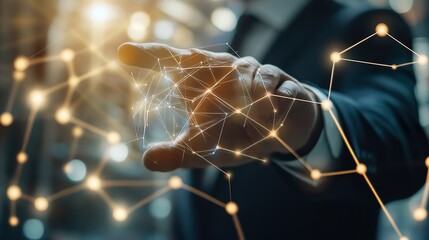 A man is holding his hand up in the air, with a web of lines surrounding him