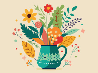 Abstract flower, plant, vase. Floral vase with flowers. Doodle simple leaves, herbs, botanic elements for poster design. Spring nature shape in pots, jugs vector concept
