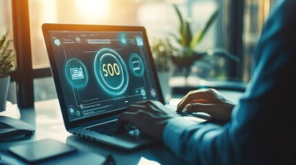 A person is typing on a laptop with a green screen that says 500