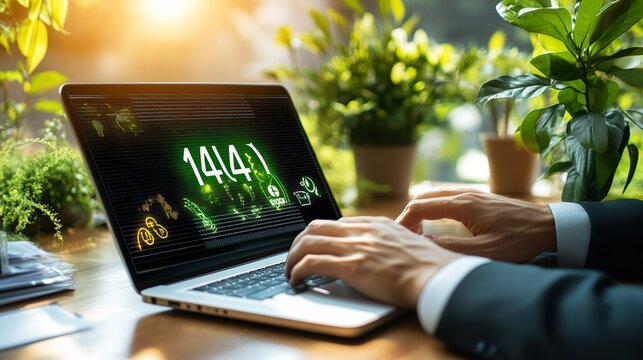 A man is typing on a laptop with the number 1441 on the screen