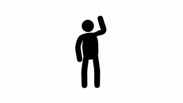 Stickman protests - waves his raised hand. Pictogram man raises his hand up. Looped animation with alpha channel.