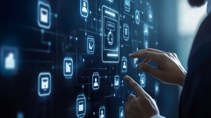 A person is pointing at a screen with a lot of icons and buttons