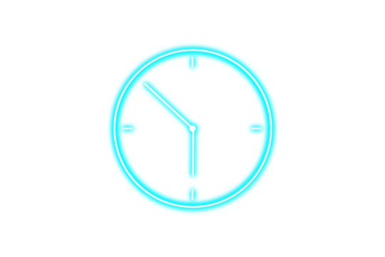 Glowing neon clock sign isolated on transparent background. Blue neon light clock symbol. Electricity fluorescent glowing graphic. design elements