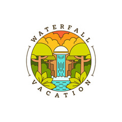 waterfall vacation illustration monoline or line art style vector