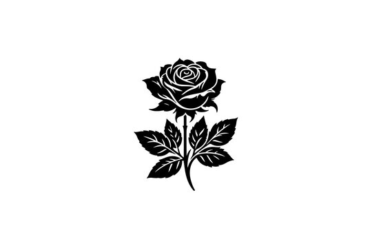 A vector illustration featuring a black silhouette of a rose, complete with a rosebud and leaves, set against a white background.