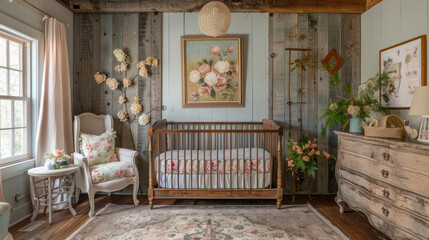 Fototapeta premium A nursery room with a crib, chair, and a painting of flowers