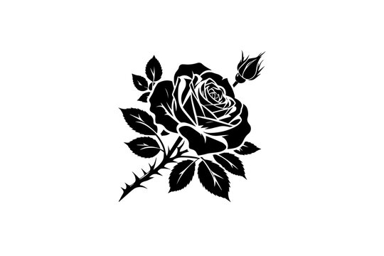 A vector illustration featuring a black silhouette of a rose, complete with a rosebud and leaves, set against a white background.