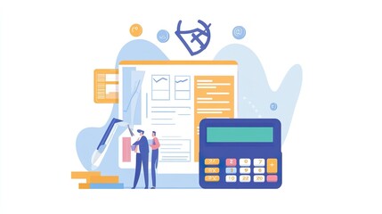 A man and a woman are standing in front of a calculator and a piece of paper