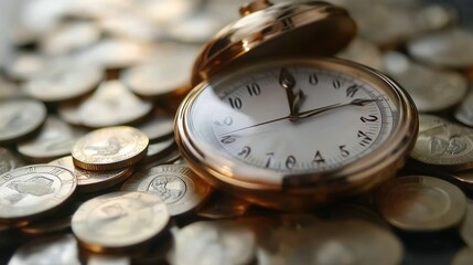 A gold pocket watch sits on top of a pile of coins