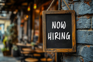 Now hiring message written on blackboard hanging on a wall. Conceptual now hiring symbol. Copy space.