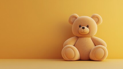 A plush brown teddy bear sitting on a yellow background.