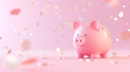 Piggy bank with money in pink background.  