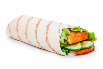 A wrap with breaded chicken, lettuce, cucumber, and tomato in a white tortilla with grill marks....