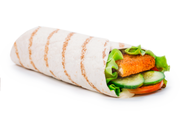 A wrap with breaded chicken, lettuce, cucumber, and tomato in a white tortilla with grill marks. The wrap is centered on a white background. The photo is a close-up with no people present.