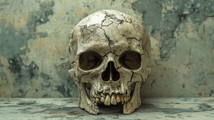The skull, with obvious signs of wear, cracks, and damage, is set against a complexly textured background.