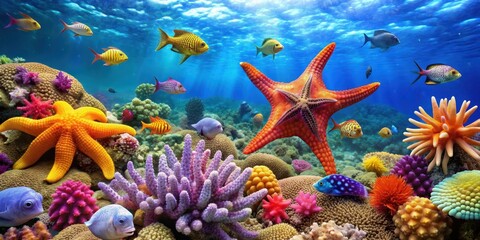 Colorful tropical starfish and fish swimming amidst vibrant coral in a reef, tropical, colorful, starfish, fish