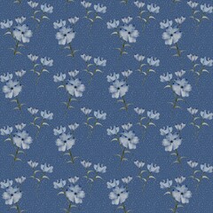 Light blue floral pattern on a dark blue background with small dots