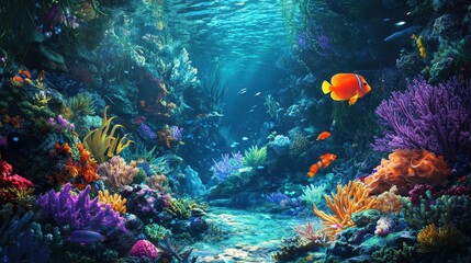 Fototapeta premium Vibrant Underwater Coral Reef Scene with Colorful Fish and Sunbeams