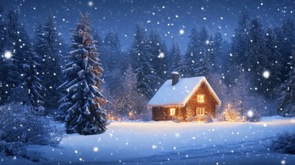 Fototapeta premium Cozy Cabin in a Snowy Forest at Night with Falling Snow and Twinkling Lights.