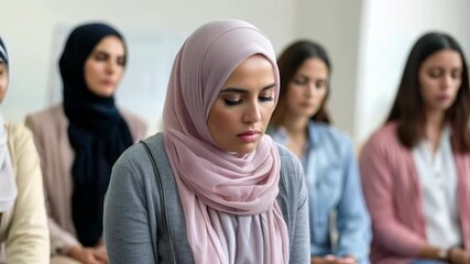 A group of women participates in a peaceful meditation, creating a tranquil atmosphere filled with mindfulness and unity