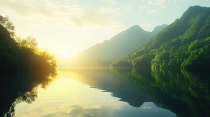 Serene Mountain Lake Reflections at Sunrise - Tranquil Landscape Photography