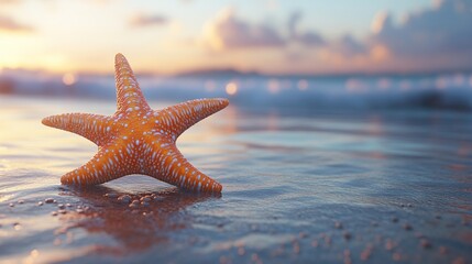 A starfish lies on the sandy beach as the sun sets over the ocean.