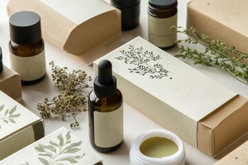 Natural skincare products arranged on a table with botanical elements and eco-friendly packaging