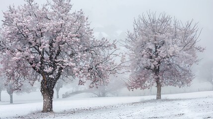 Fototapeta premium A charming spring view with snow falling and dry out frost covered trees