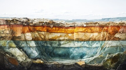 Layered Rock Formation With Colorful Mineral Deposits.