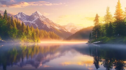 Fototapeta premium Serene Mountain Lake at Sunrise with Lush Forests and Snow-Capped Peaks