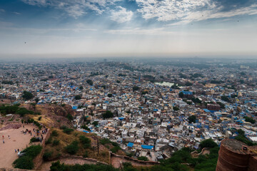 Beautiful top view of Jodhpur city from Mehrangarh fort, Rajasthan, India. Jodhpur is called Blue city since Hindu Brahmis there worship Lord Shiva, whose colour is blue, they painted houses in blue.